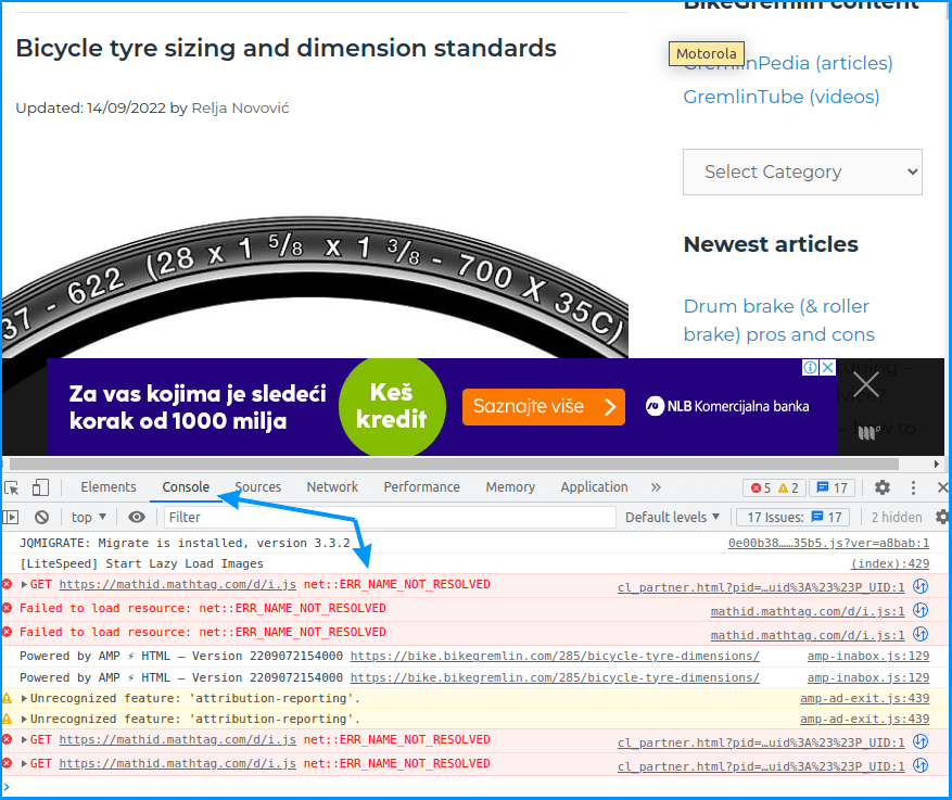 Mediavine ads errors shown in the browser console