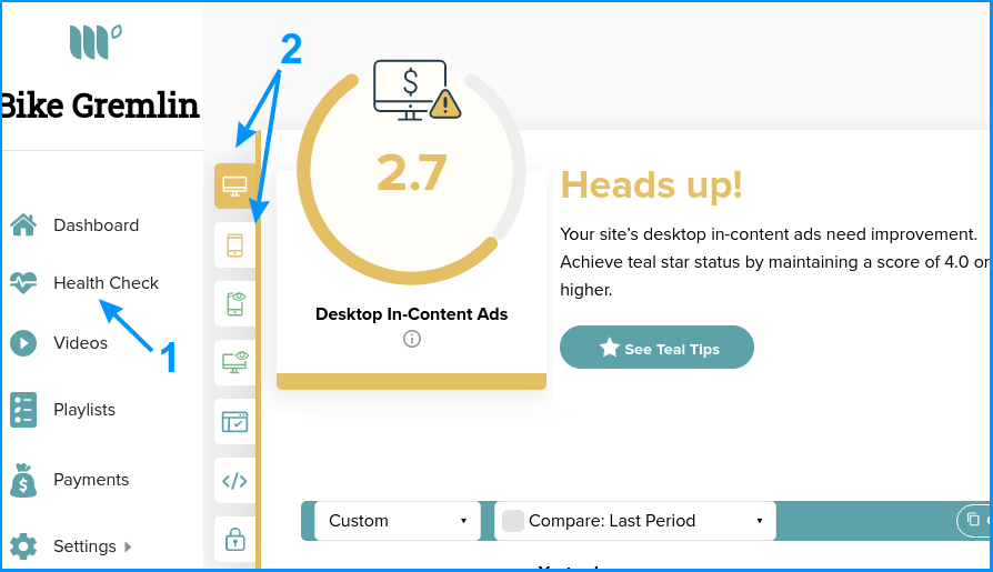 Mediavine's "site "Health Check" info