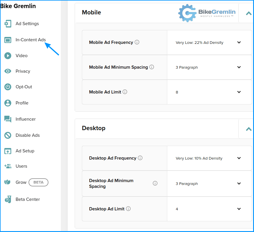 Mediavine in-content ads settings (options)