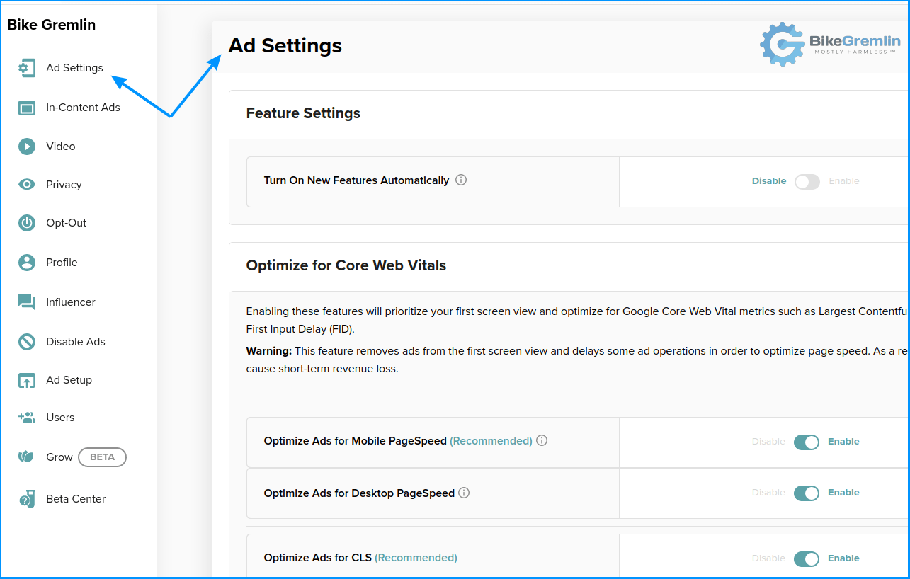 Mediavine settings options overview