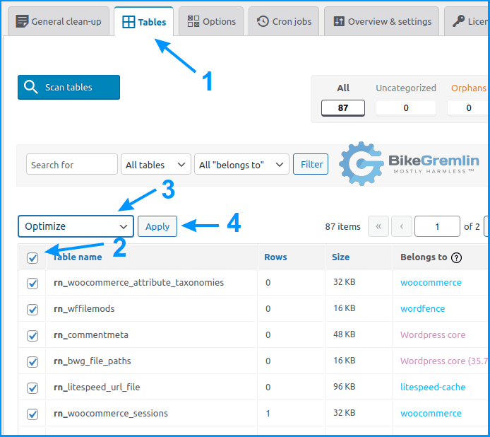 Database table optimization using the Advanced Database Cleaner plugin