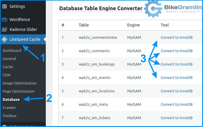 LiteSpeed cache plugin tools for database conversion to InnoDB (from MyISAM)