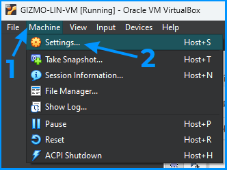 Opening VirtualBox guest machine settings