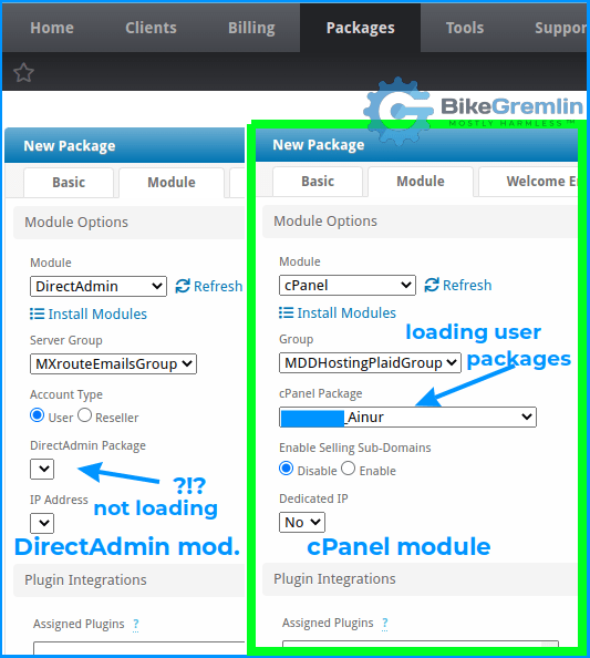 Blesta's DirectAdmin problem manifestation