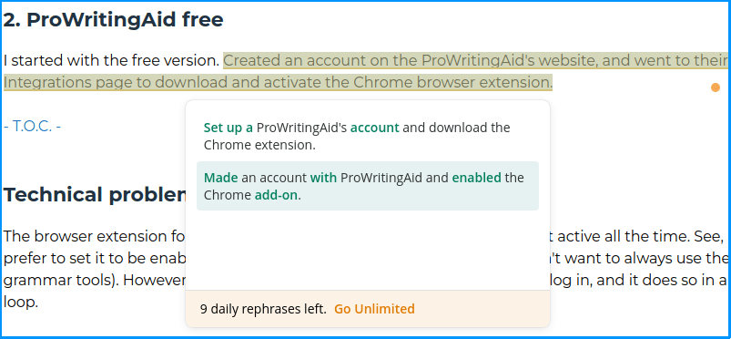 ProWritingAid free version with a "9 daily rephrases left" suggestion