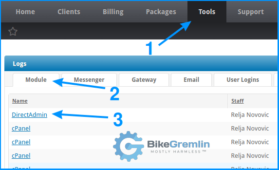 Blesta logs for DirectAdmin module