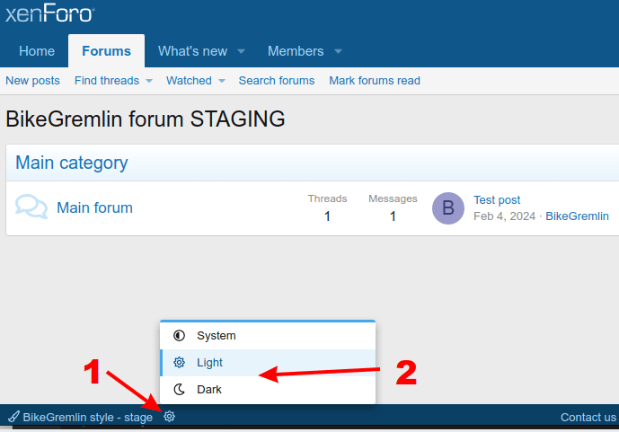 Selecting the xenForo 2.3 theme to show the System default, Light, or Dark mode