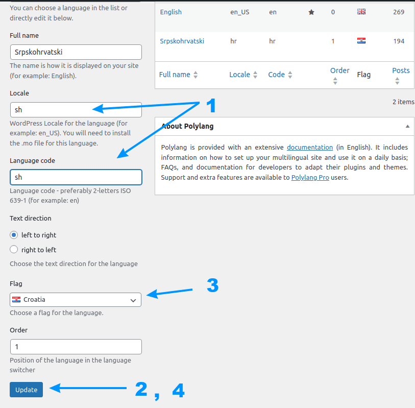 Editing the language and locale code in Polylang