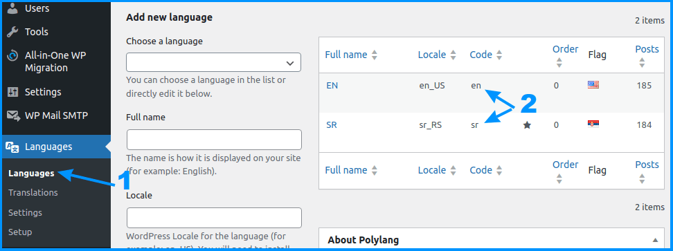 Language codes used by Polylang