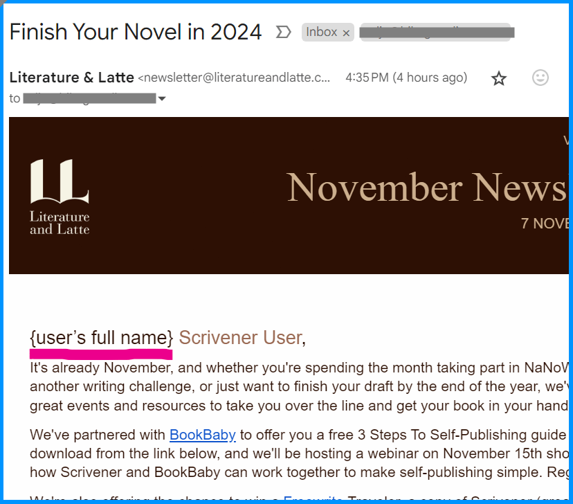 Scrivener - even the newsletter has bugs! :)