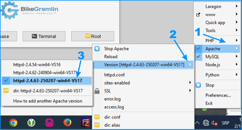 Selecting the desired Apache version using Laragon's GUI menu