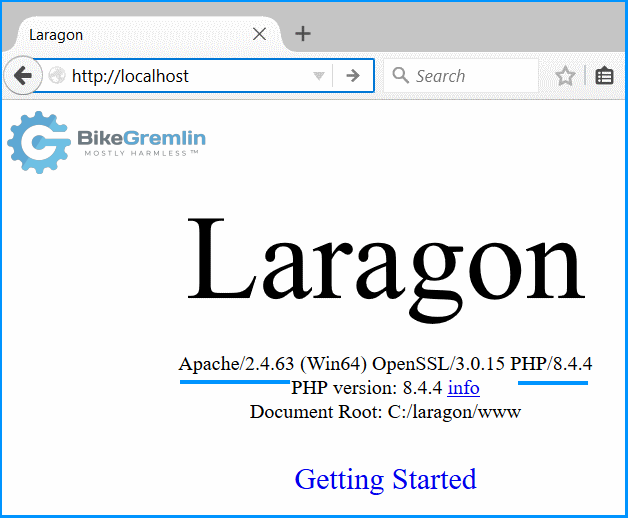 Laragon showing the Apache and PHP versions running when you open the http://localhost link