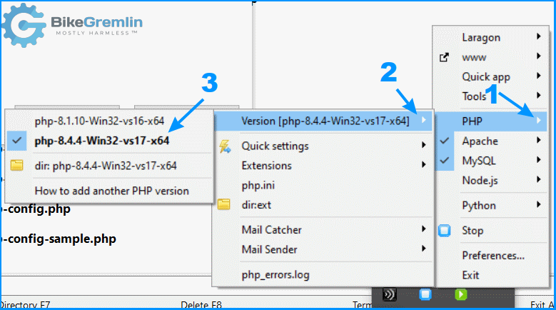 Selecting the desired PHP version using Laragon's GUI menu