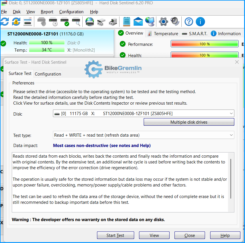 Hard Disk Sentinel Pro Surface test with read+WRITE+read test