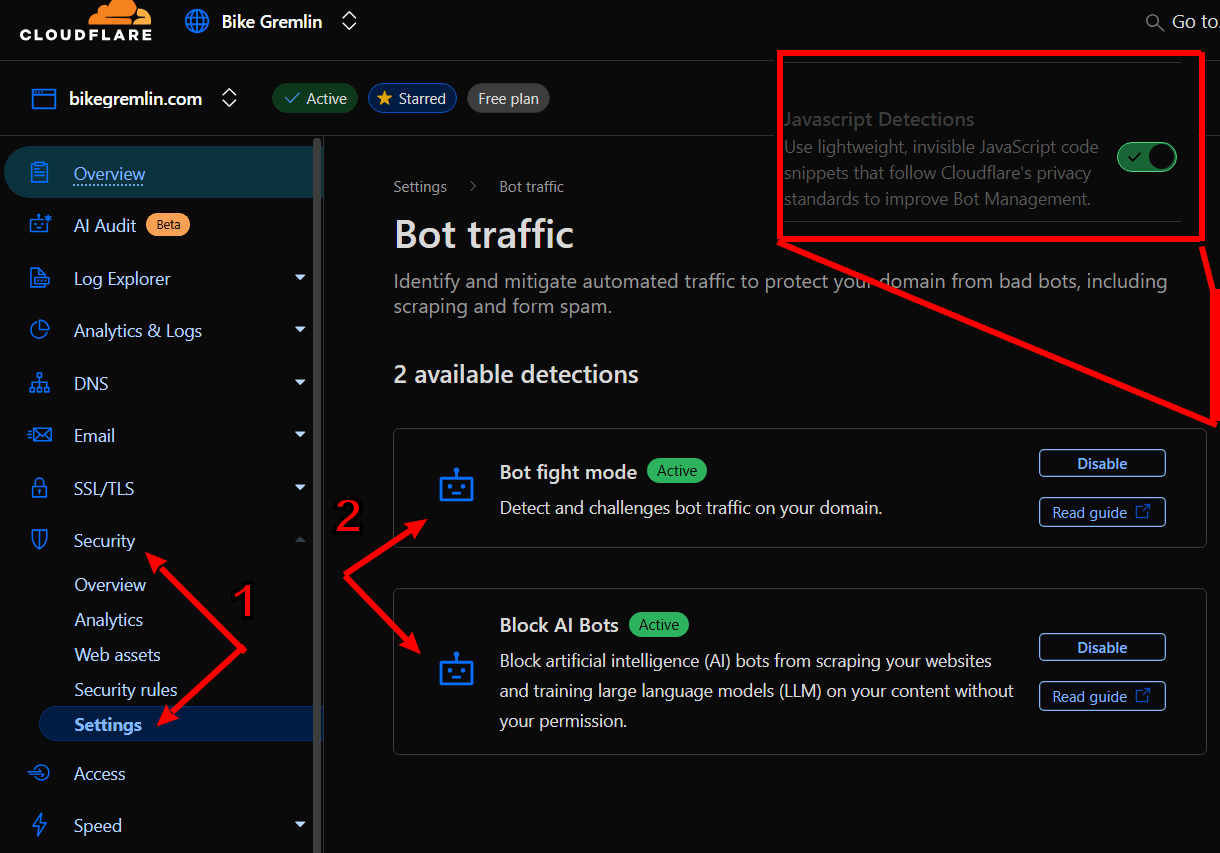 Cloudflare's bot blocking options