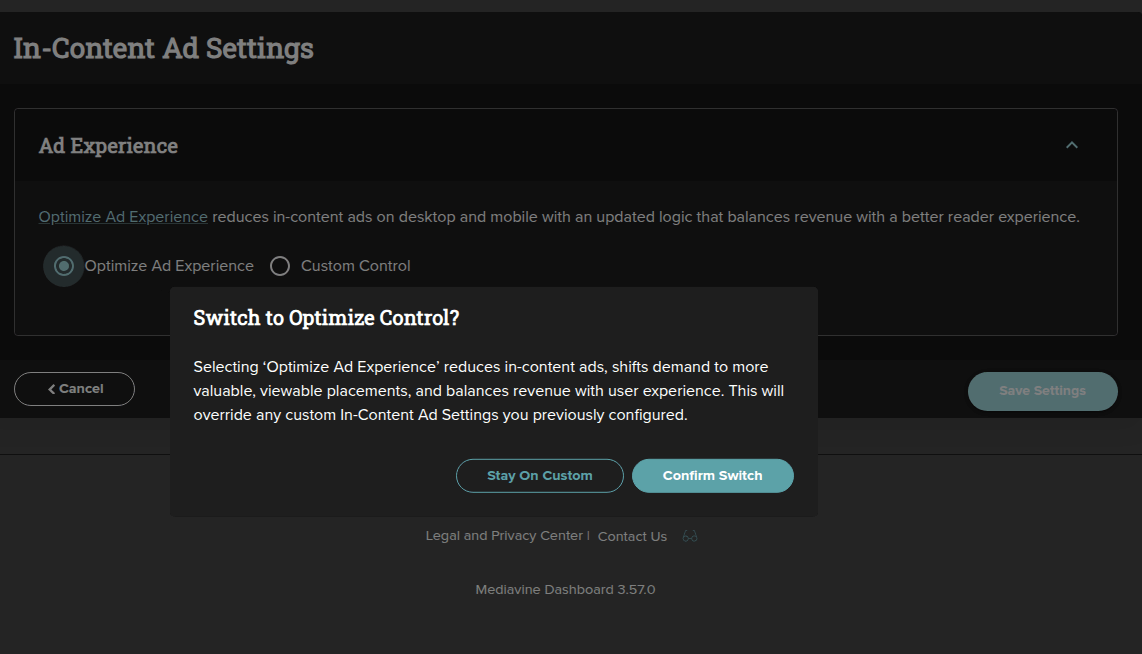 Mediavine's "Optimize Ad Experience" option for the "In-Content" adverts