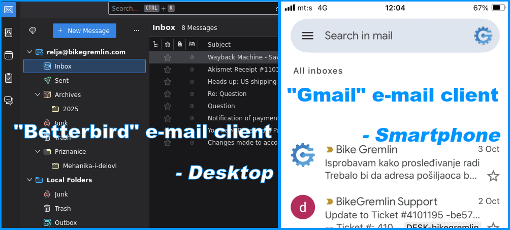 E-mail clients on my desktop PC (left), and on my smartphone (right)