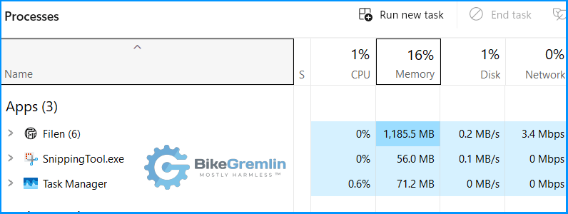 Filen.io Windows desktop application resource (RAM) usage