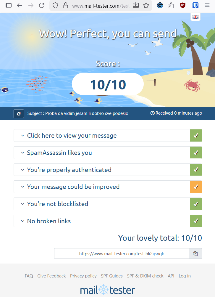 Namecrane's Cranemail deliverability test rating: 10/10! :)
