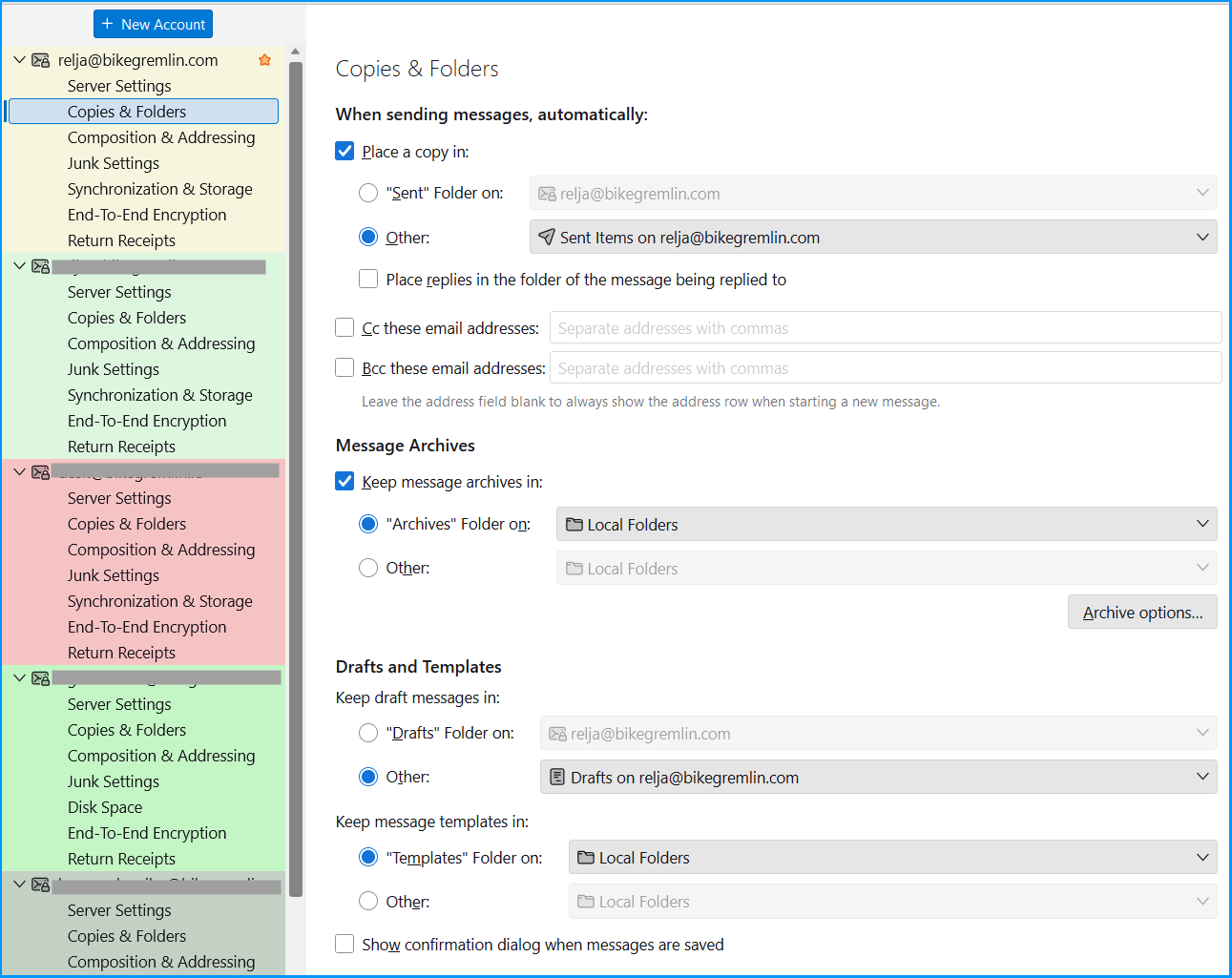 Betterbird "Copies & Folders" setup for IMAP use