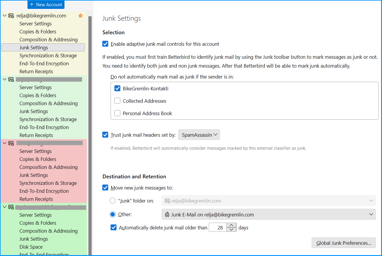Betterbird "Junk Settings" setup for IMAP use