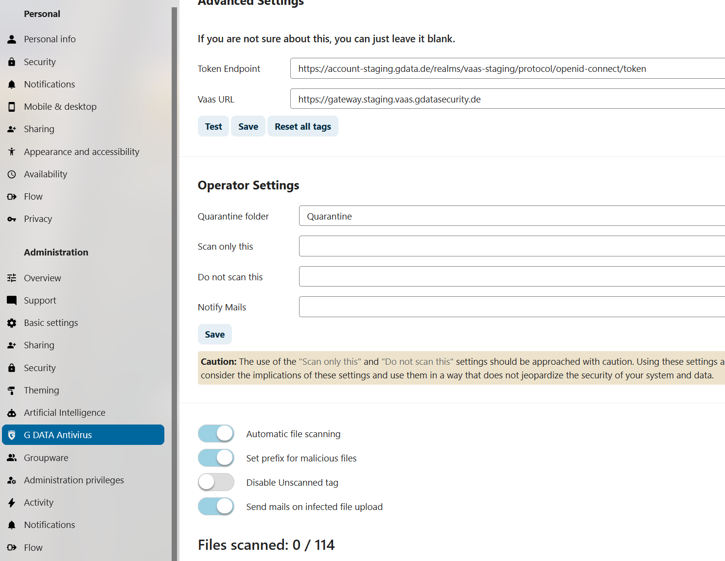 G DATA Antivirus settings on my Hetzner Storage Share managed Nextcloud server