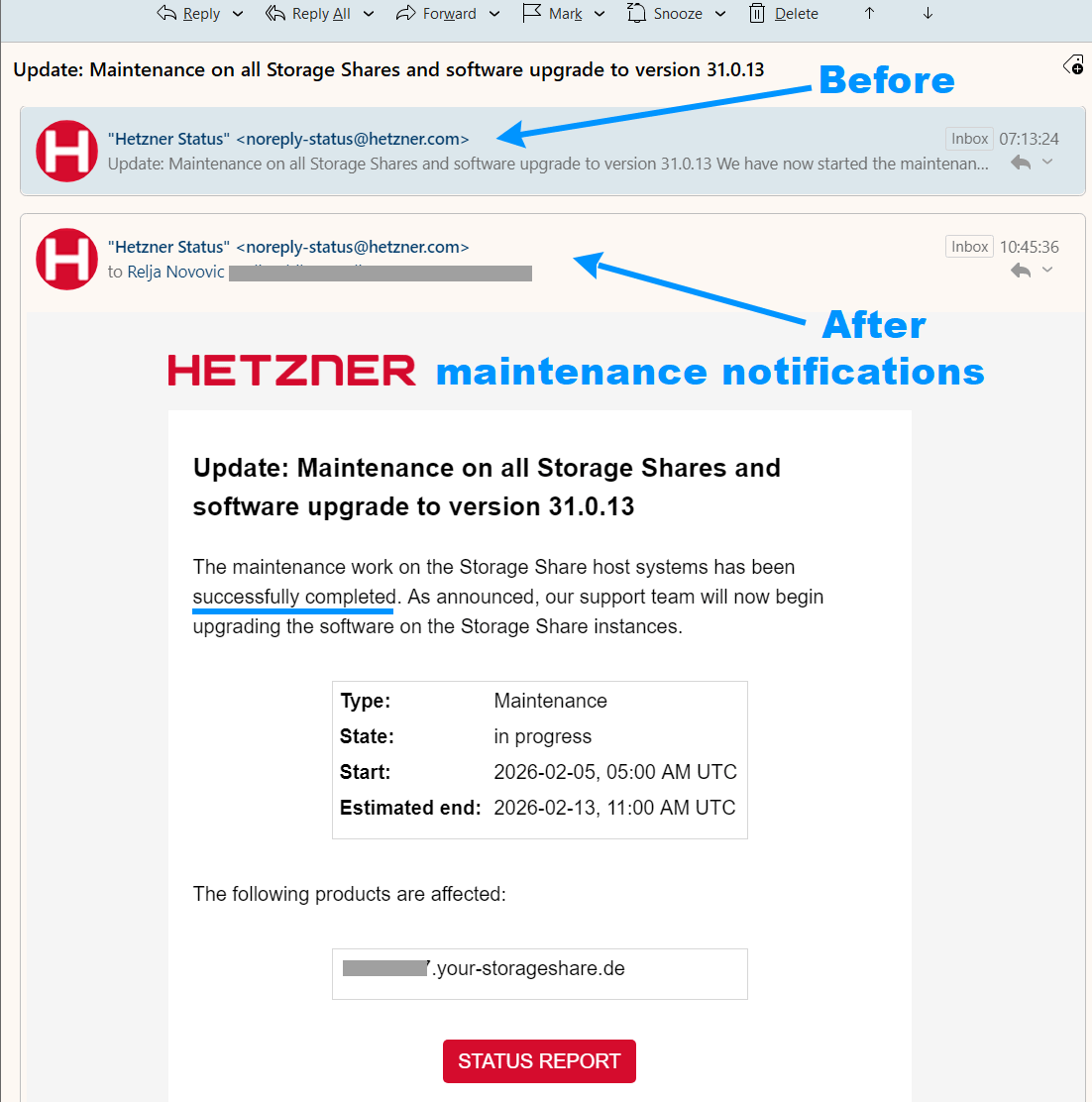 Hetzner maintenance notice - in advance