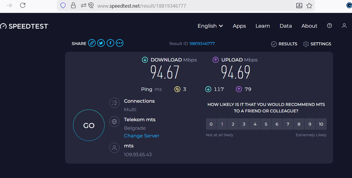 MTS-ov 400/400 Mb/s Internet - brzina izmerena u praksi (speedtest.net rezultat)