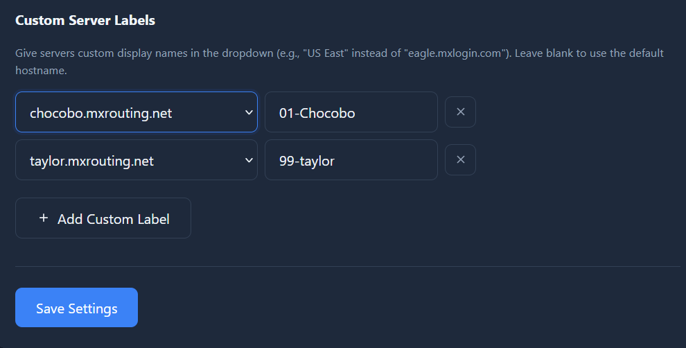 Setting custom server labels for my panel - picking servers from the dropdown menu and typing my custom name next to it